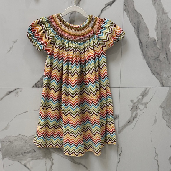 Colorful Chevron Smocked Fall Kids Long Dress - Picture 1 of 6